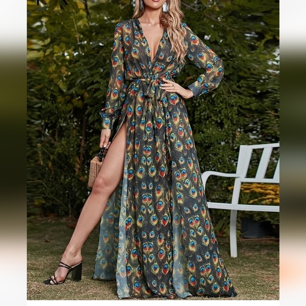 Peacock Print,  Long Sleeved,  Deep V Neck,  Slit Thigh, Mermaid Gown